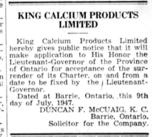 Notice of Surrender of Charter for King Calcium Products Ltd