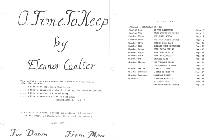 Title page and table of contents of "A Time to Keep" written by Eleanor Coulter.